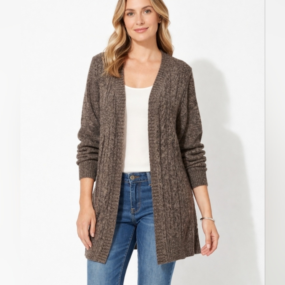 Karen Scott Open Front Cardigan Sweater Womens Size Large Brown Cable Knit Long